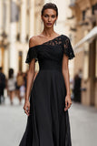 Black Chiffon A Line Long Mother of the Bride Dress with Lace