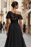Black Chiffon A Line Long Mother of the Bride Dress with Lace
