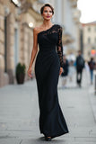 Black Mermaid One Shoulder Long Mother of the Bride Dress with Lace