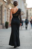 Black Mermaid One Shoulder Long Mother of the Bride Dress with Lace