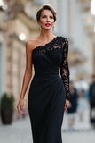 Black Mermaid One Shoulder Long Mother of the Bride Dress with Lace