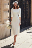 Ivory Boat Neck Satin Midi Wedding Dress with Sleeves