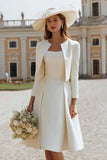 Ivory Satin 2 Piece Boat Neck Midi Wedding Dress with Jacket