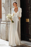 Ivory Satin Sheath 2 Piece V Neck Floor Length Wedding Dress with Jacket