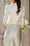 Ivory Satin Sheath 2 Piece V Neck Floor Length Wedding Dress with Jacket