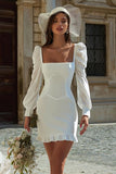 Ivory Bodycon Square Neck Short Wedding Dress with Sleeves
