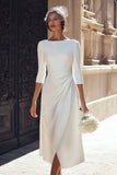 Leely Women Ivory Satin Midi Registry Wedding Dress with Slit Bateau Neck A Line Ruched Engagement Dress with Sleeves