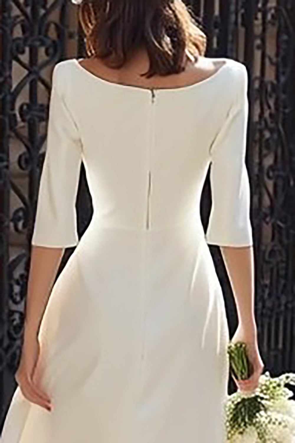 Leely Women Ivory Satin Midi Civil Wedding Dress with Slit Bateau Neck