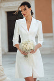 Ivory Notched Lapel A Line Satin Short Blazer Wedding Dress with Sleeves