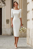 Ivory Satin Bodycon Boat Neck Midi Wedding Dress with Sleeves