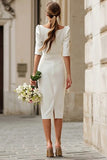 Ivory Satin Bodycon Boat Neck Midi Wedding Dress with Sleeves
