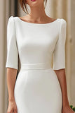 Ivory Satin Bodycon Boat Neck Midi Wedding Dress with Sleeves