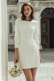 Ivory Boat Neck Bodycon Short Wedding Dress with Buttons