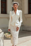 Ivory 2 Piece Satin Shawl Lapel Midi Wedding Outfits with Buttons