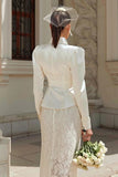Ivory 2 Piece Satin Shawl Lapel Midi Wedding Outfits with Buttons
