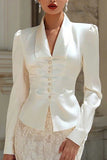 Ivory 2 Piece Satin Shawl Lapel Midi Wedding Outfits with Buttons