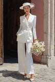 Ivory Notched Lapel Satin Long Blazer Wedding Pant Suits with Belt