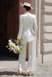 Ivory Notched Lapel Satin Long Blazer Wedding Pant Suits with Belt