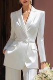 Ivory Notched Lapel Satin Long Blazer Wedding Pant Suits with Belt
