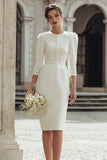 Ivory Round Neck Bodycon Midi Wedding Dress with Buttons