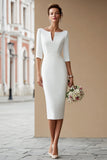 Ivory Bodycon Boat Neck Midi Wedding Dress with Sleeves