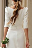 Ivory Bodycon Boat Neck Midi Wedding Dress with Sleeves