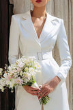 Ivory 2 Piece Long Blazer Notched Lapel Wedding Pant Suits with Belt