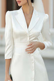 Ivory Notched Lapel Satin A Line Midi Blazer Wedding Dress