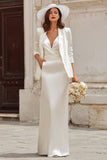 Ivory Satin 2 Piece V Neck Sheath Floor Length Wedding Dress with Blazer