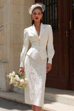 2 Piece Ivory Notched Lapel Bodycon Midi Wedding Outfits with Sleeves