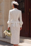 2 Piece Ivory Notched Lapel Bodycon Midi Wedding Outfits with Sleeves