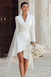 Ivory High Low Shawl Lapel Blazer Wedding Dress with Sleeves