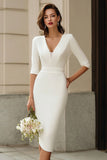Simple Ivory Bodycon V-Neck Midi Wedding Dress with Sleeves