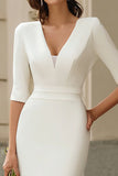 Simple Ivory Bodycon V-Neck Midi Wedding Dress with Sleeves