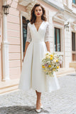 Ivory V-Neck A Line Midi Wedding Dress with Sleeves