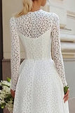 Ivory A Line Lace Round Neck Maxi Boho Wedding Dress with Sleeves