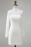 Vintage Ivory High Neck Bodycon Lace Short Wedding Dress with Sleeves