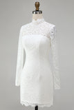 Vintage Ivory High Neck Bodycon Lace Short Wedding Dress with Sleeves