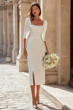 Simple Ivory Square Neck Bodycon Midi Wedding Dress with Sleeves