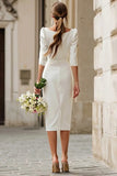 Simple Ivory Square Neck Bodycon Midi Wedding Dress with Sleeves
