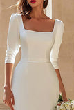 Simple Ivory Square Neck Bodycon Midi Wedding Dress with Sleeves