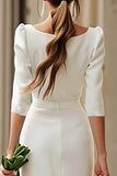 Simple Ivory Square Neck Bodycon Midi Wedding Dress with Sleeves