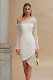 Ivory Ruched Bodycon Asymmetrical Wedding Dress with Sleeves