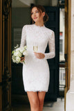 Vintage Ivory High Neck Lace Bodycon Short Boho Wedding Dress with Sleeves