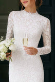 Vintage Ivory High Neck Lace Bodycon Short Boho Wedding Dress with Sleeves