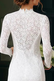 Vintage Ivory High Neck Lace Bodycon Short Boho Wedding Dress with Sleeves