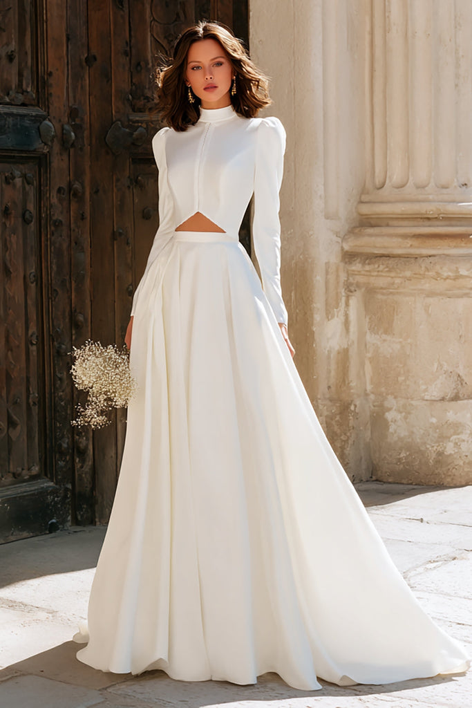 Leely Women Vintage Ivory High Neck Sweep Train Wedding Dress with ...