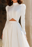 Vintage Ivory High Neck Cut Out A Line Sweep Train Wedding Dress with Sleeves