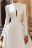 Vintage Ivory High Neck A Line Floor Length Wedding Dress with Sleeves