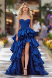 Dark Blue Ruffled A-Line Long Prom Dress with Slit
